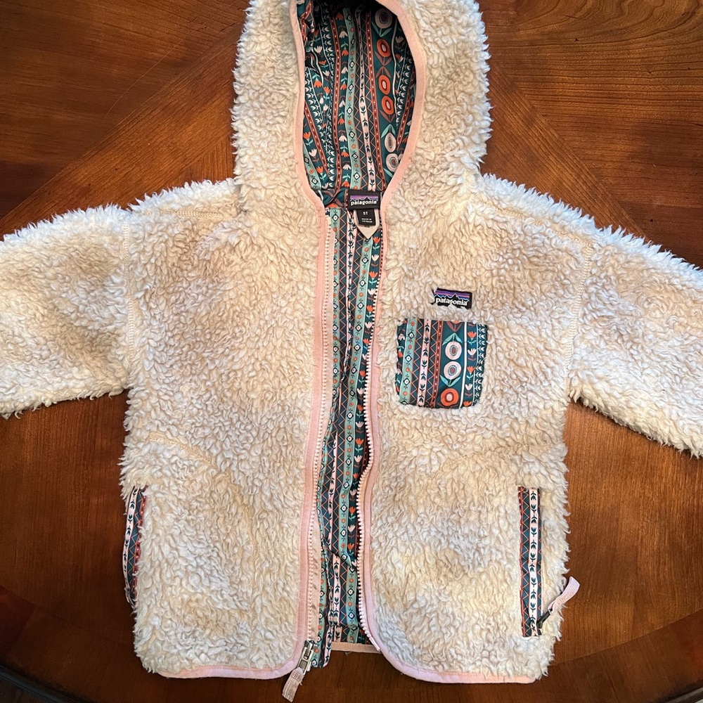 Girls Patagonia Cream Sherpa Hooded Jacket with Patterned Trim